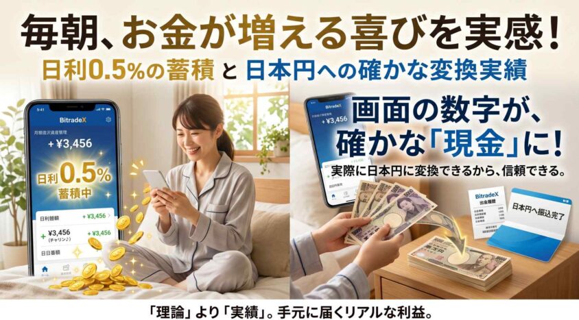 日利0.5%の蓄積と日本円への変換実績